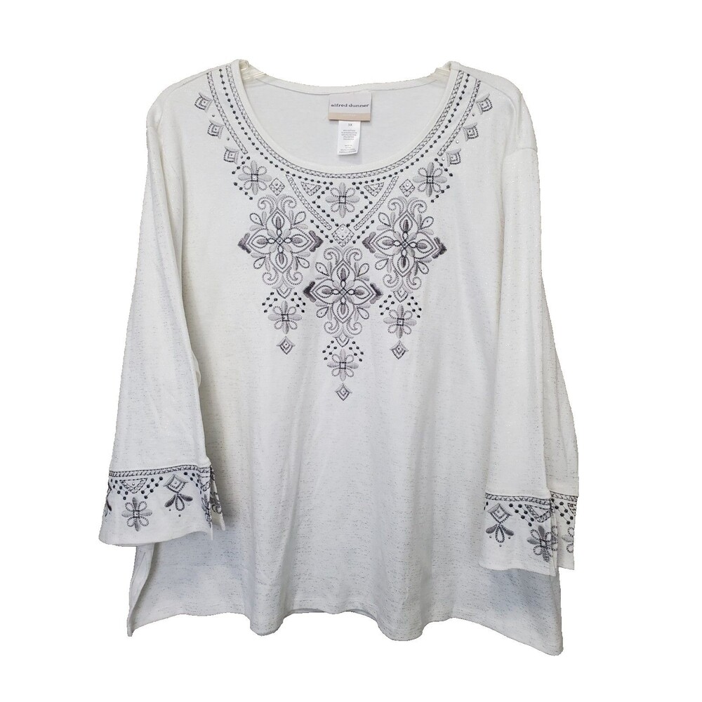 Alfred Dunner White Silver Shimmer Embroidered Scoop Neck Knit Tunic Size 3X